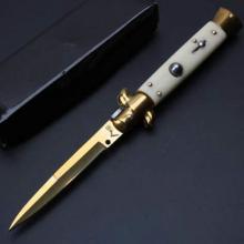 AKC 9寸 象牙白纤维柄 金色枪刺刃 经典款意大利黑手党古董侧出
