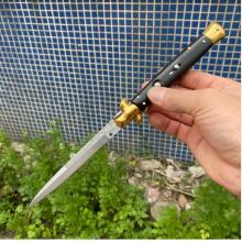 AKC 11寸 黑牛角柄 大马士革刃 金色钢头 枪朿刃 经典款意大利黑手党古董侧出