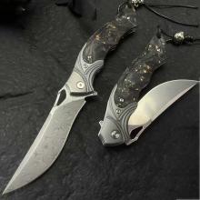 夜枭 快开折 碎碳纤维柄 精雕羽毛造型 附高配礼品盒 （M390粉末钢/大马士革高氮钢） 全长21.5