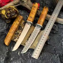 天涯武士 手工直 鬼眼崖柏树瘤木手柄 附刀鞘 （三枚合/大马士革钢镜面） 全长24.5