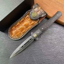 国风 墨剑 大马士革钢 折刀 红檀木刀柄 附真皮皮套 全长22.5cm