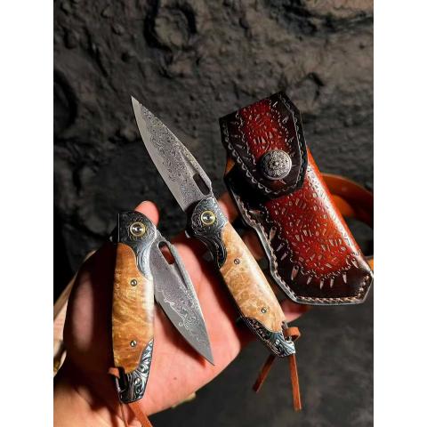 楼兰手工折叠刀 大马士革钢祥云纹白影木柄 全长20 Loulan Handmade Folding Knife