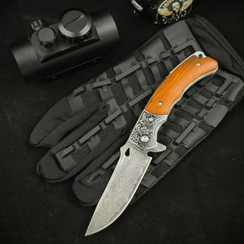 木影 大马士革折叠刀 红檀木柄 (大马士革钢) 全长20 Mu Ying Damascus Folding Knife