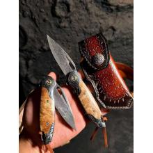 楼兰手工折叠刀 大马士革钢祥云纹白影木柄 全长20 Loulan Handmade Folding Knife