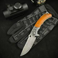 木影 大马士革折叠刀 红檀木柄 (大马士革钢) 全长20 Mu Ying Damascus Folding Knife